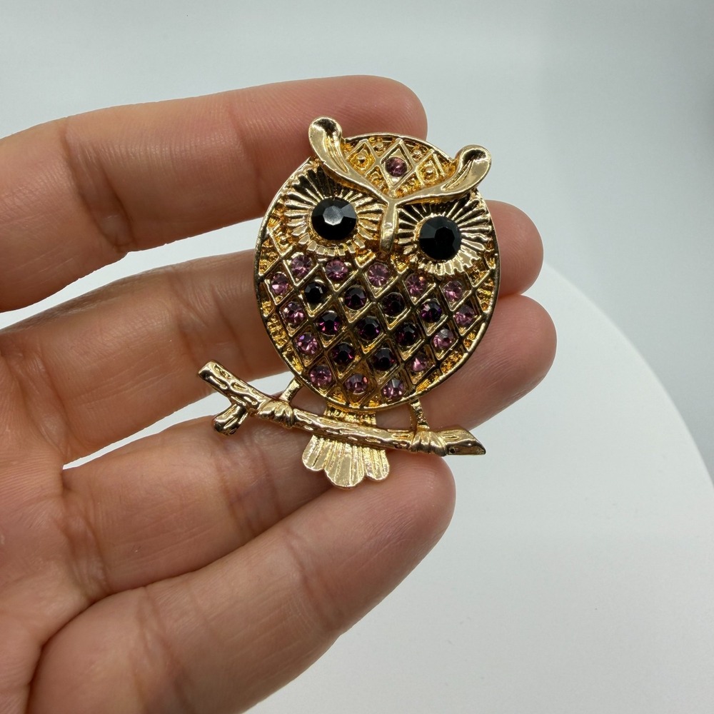 Gold Tone Wise Owl Brooch Purple Crystal Statement Pin Animal Lover Gift Idea